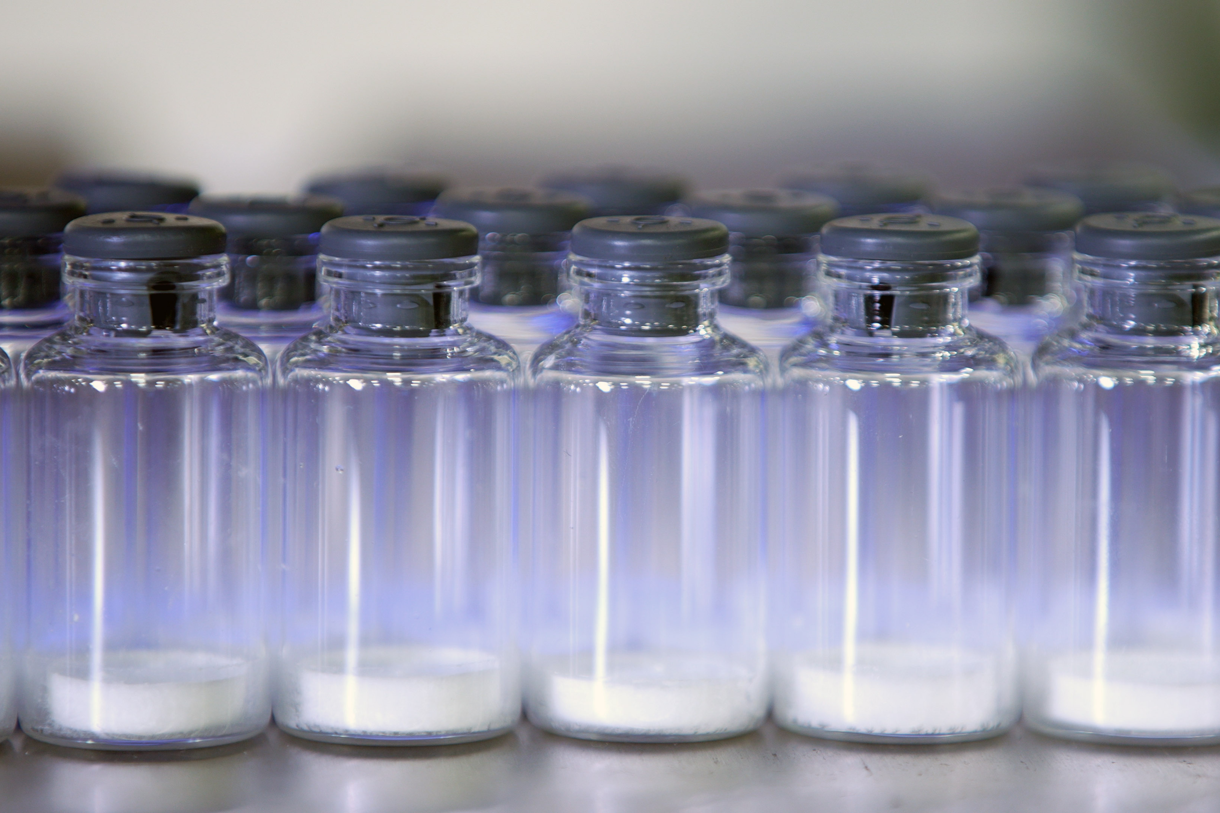 A row of clear vials containing a freeze dried product.