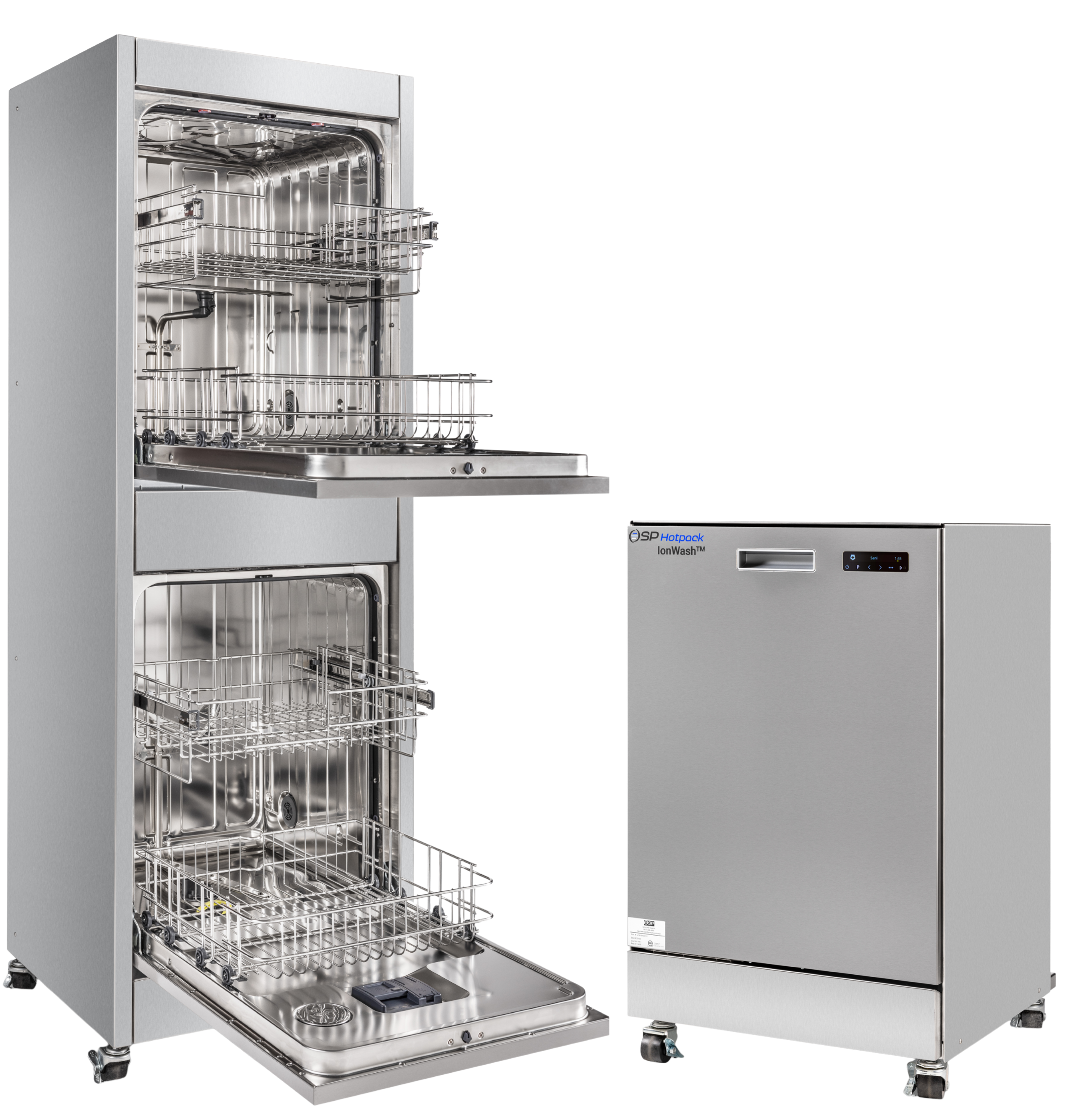 The Hotpack IonWash undercounter, mobile, and staked vertical SpaceSaver glassware washers.