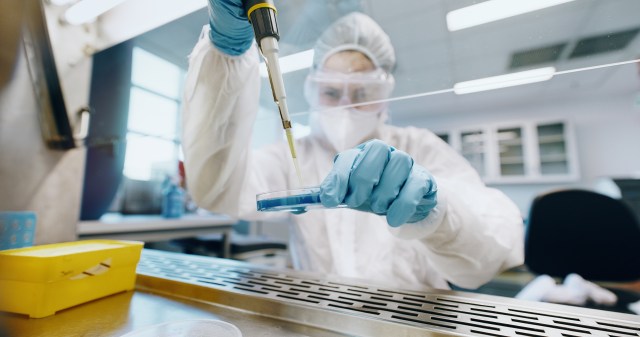 A researcher in a lab squeezing a liquid from a pipette into a Petri dish under a fume hood.